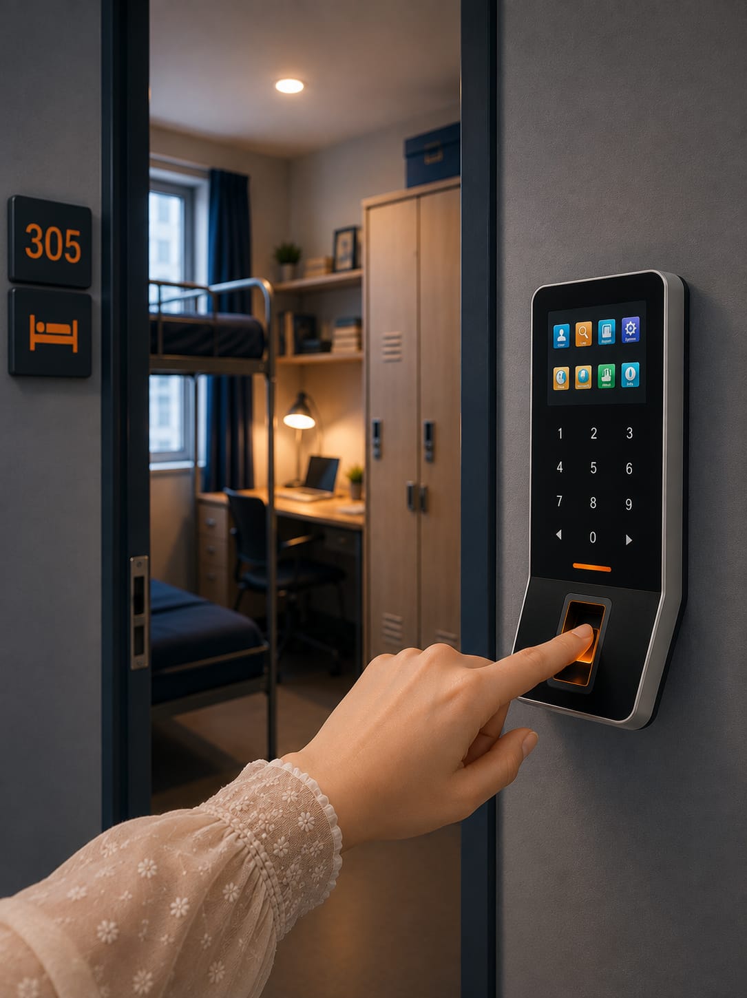 Student scanning fingerprint at hostel room 305